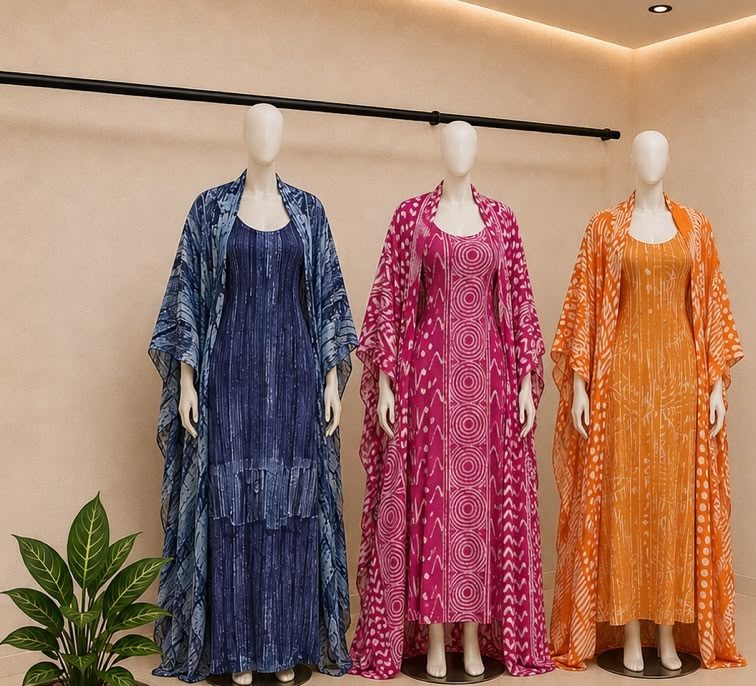 Featured batik-print kaftan looks in indigo, magenta, and amber